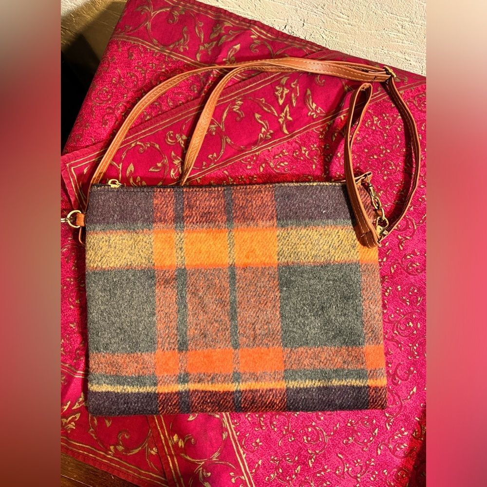 Crossbody flannel plaid bag w removable straps- carry as a wristlet or crossbody